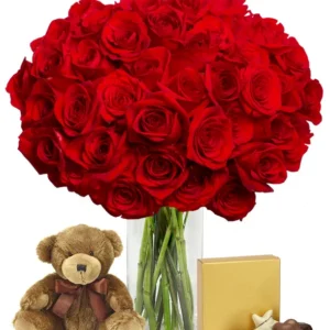 50 Red Roses Bundle with Chocolates & Bear